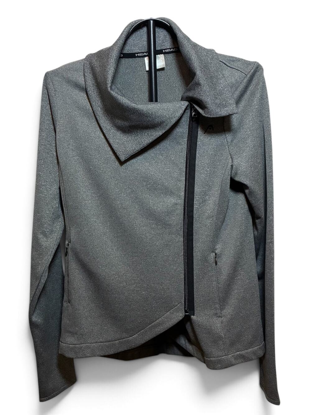 HEAD Activewear Gray Asymmetric Full Zip Cowl Neck Moto Sport Jacket Thumbholes